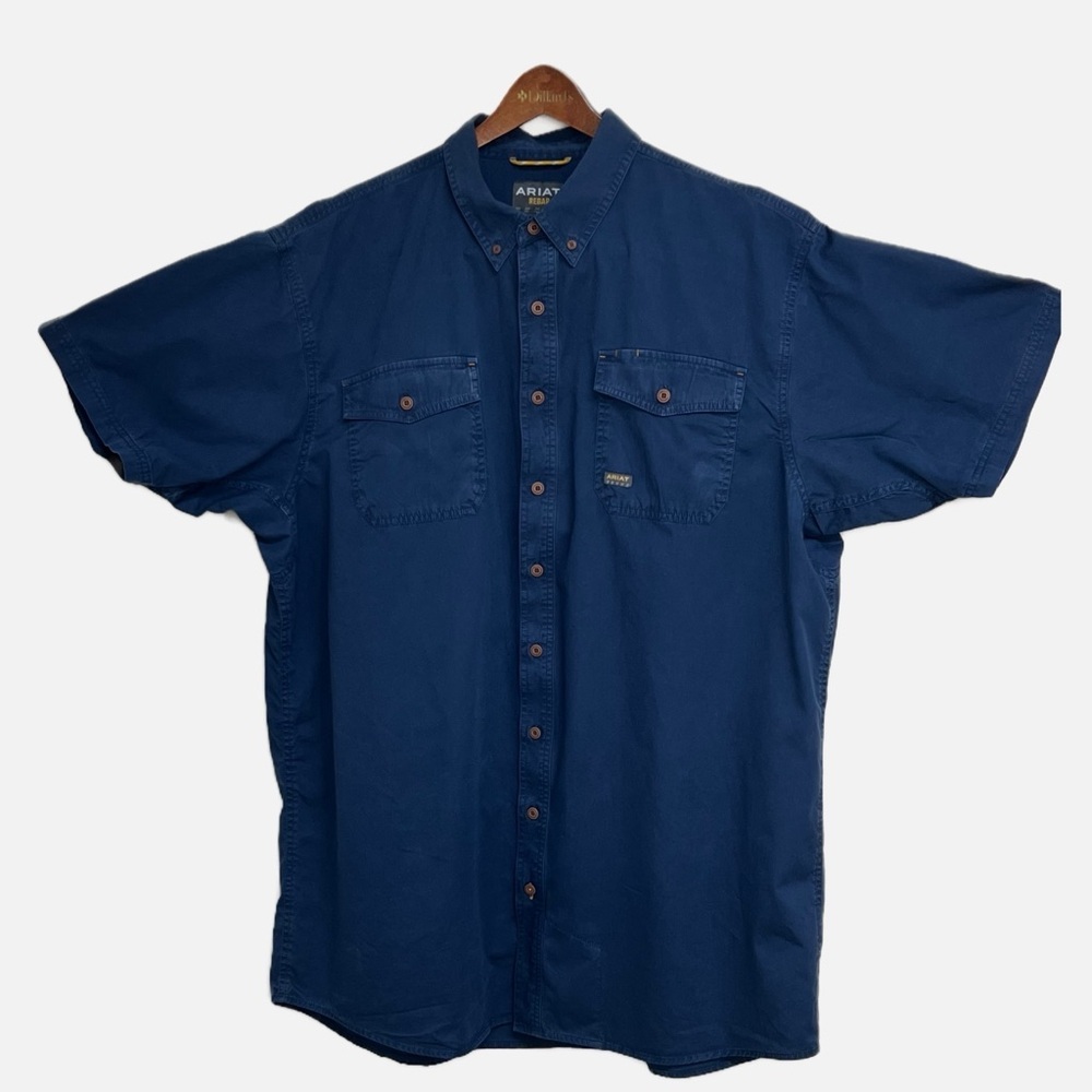 Ariat Rebar Blue Cotton Work Shirt Mens Size XXL Tall Button Front Utility EUC - Picture 3 of 13